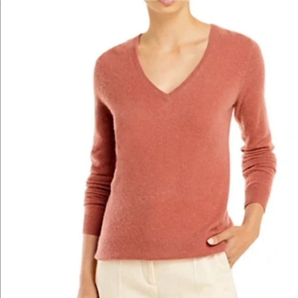 C by Bloomingdales Women’s Brunt Orange!2 ply 100% cashmere V-Neck Sweater XL